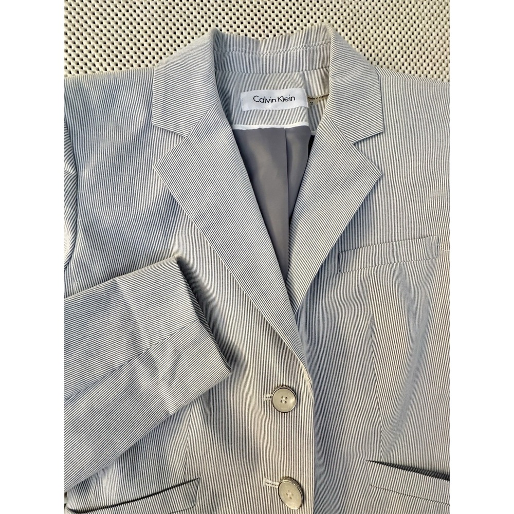 Calvin Klein Blazer Jacket Women Sz 2/S Blue‎ White Pinstripe Preppy Seersucker